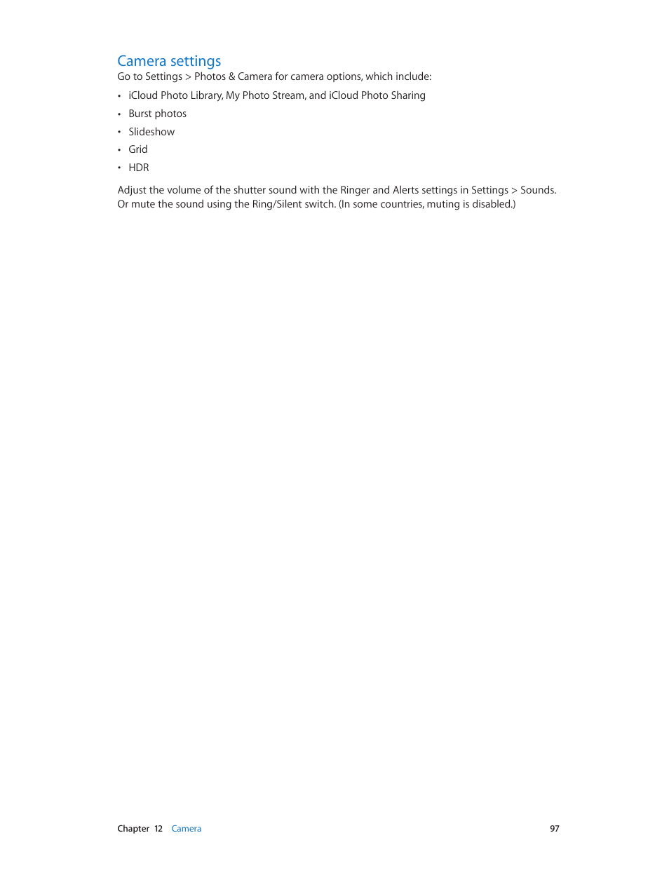 Camera settings, 97 camera settings | Apple iPhone iOS 8.4 User Manual | Page 97 / 196