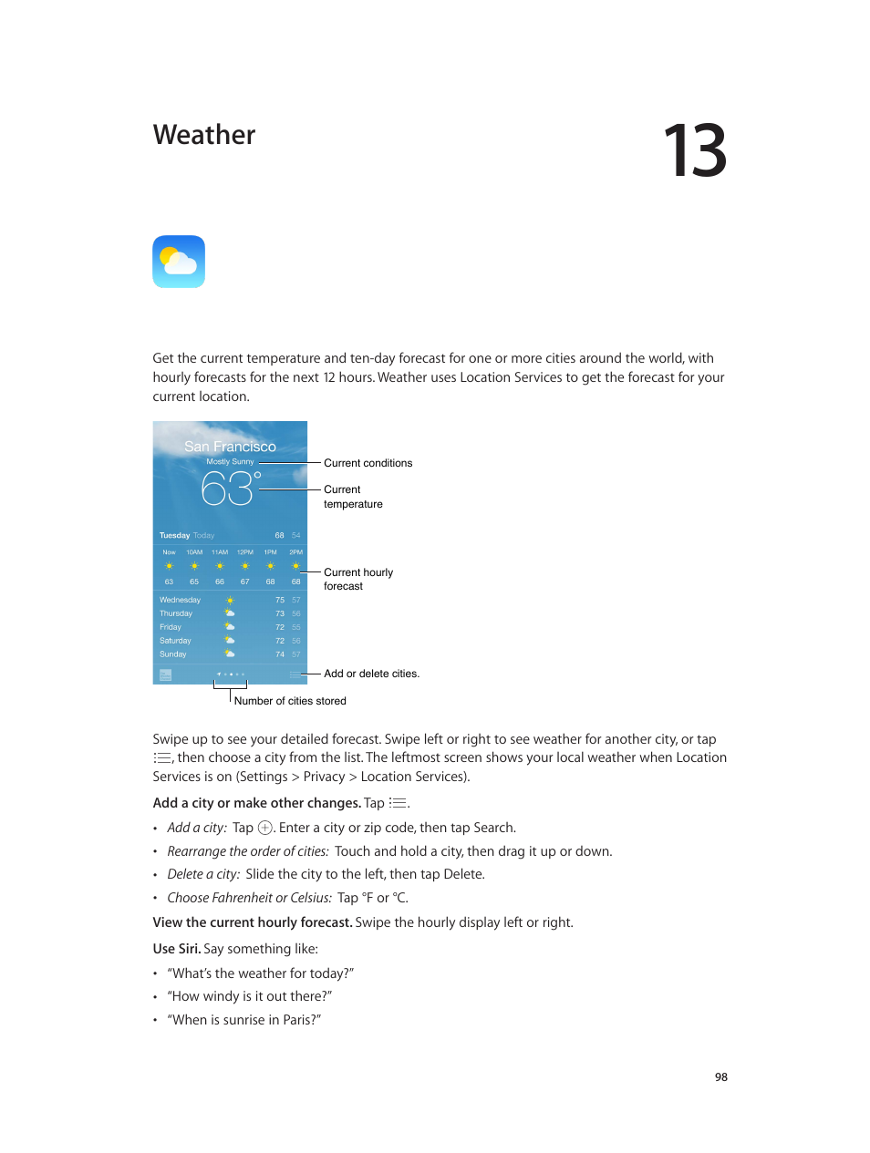 Chapter 13: weather, Weather | Apple iPhone iOS 8.4 User Manual | Page 98 / 196