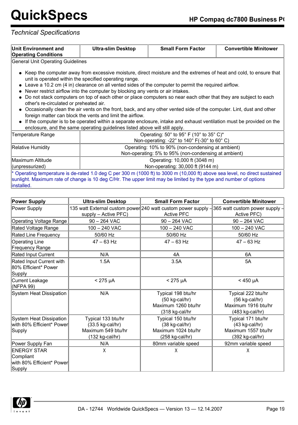 Technical specifications, Quickspecs | Compaq dc7800 User Manual | Page 19 / 53