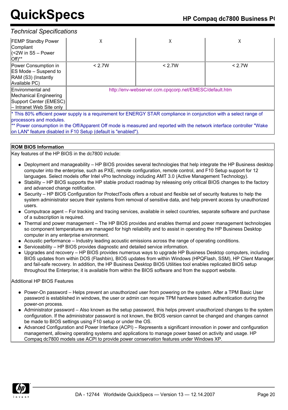 Quickspecs | Compaq dc7800 User Manual | Page 20 / 53