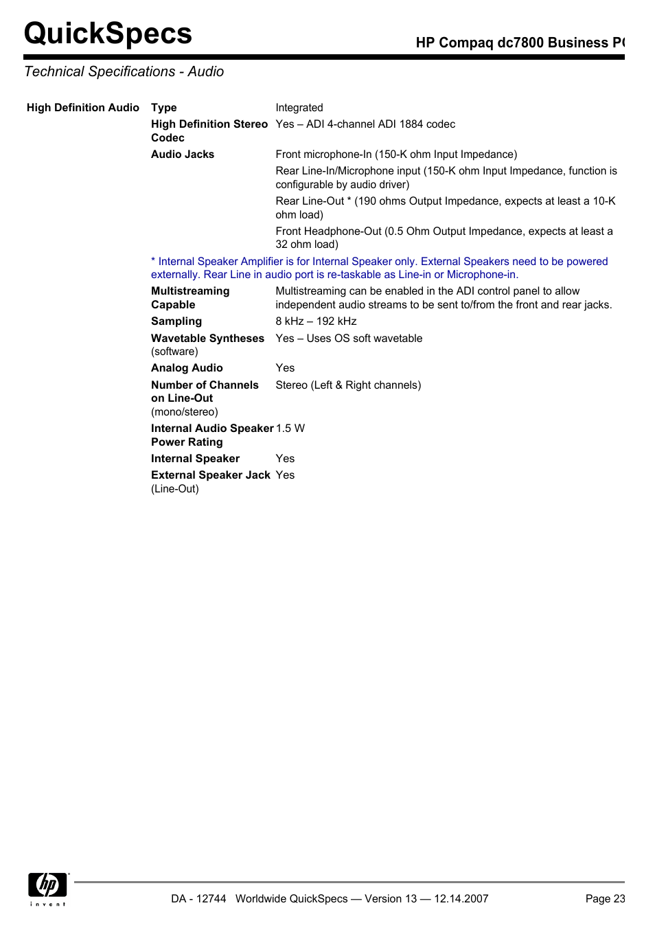 Technical specifications - audio, Quickspecs | Compaq dc7800 User Manual | Page 23 / 53