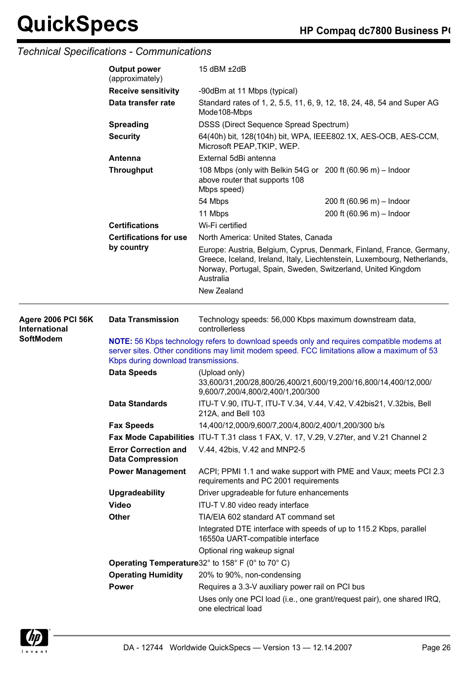 Quickspecs | Compaq dc7800 User Manual | Page 26 / 53