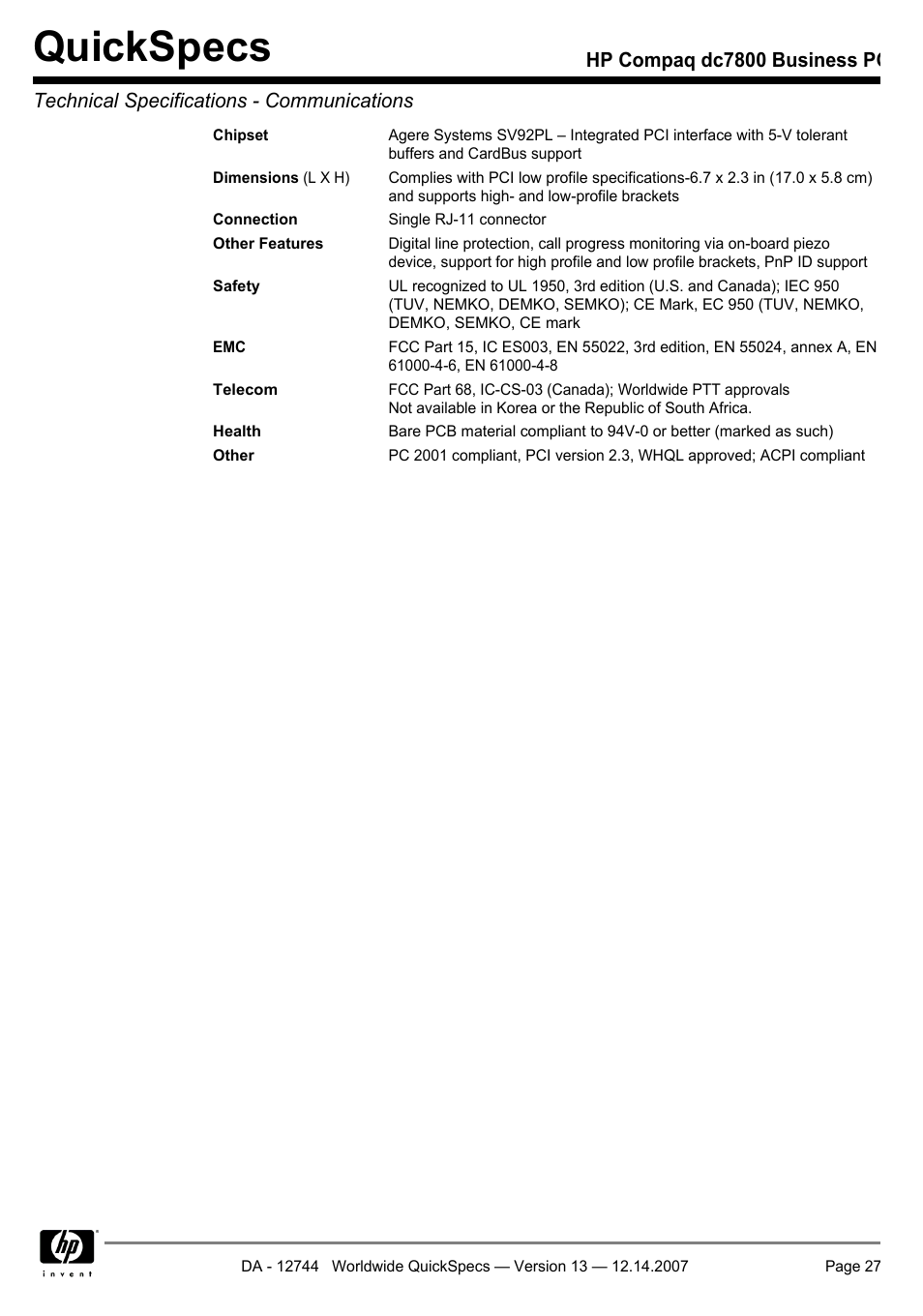 Quickspecs | Compaq dc7800 User Manual | Page 27 / 53