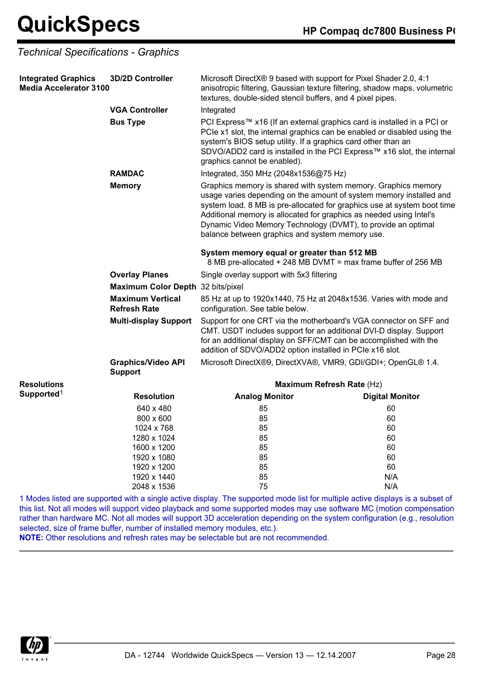 Technical specifications - graphics, Quickspecs | Compaq dc7800 User Manual | Page 28 / 53