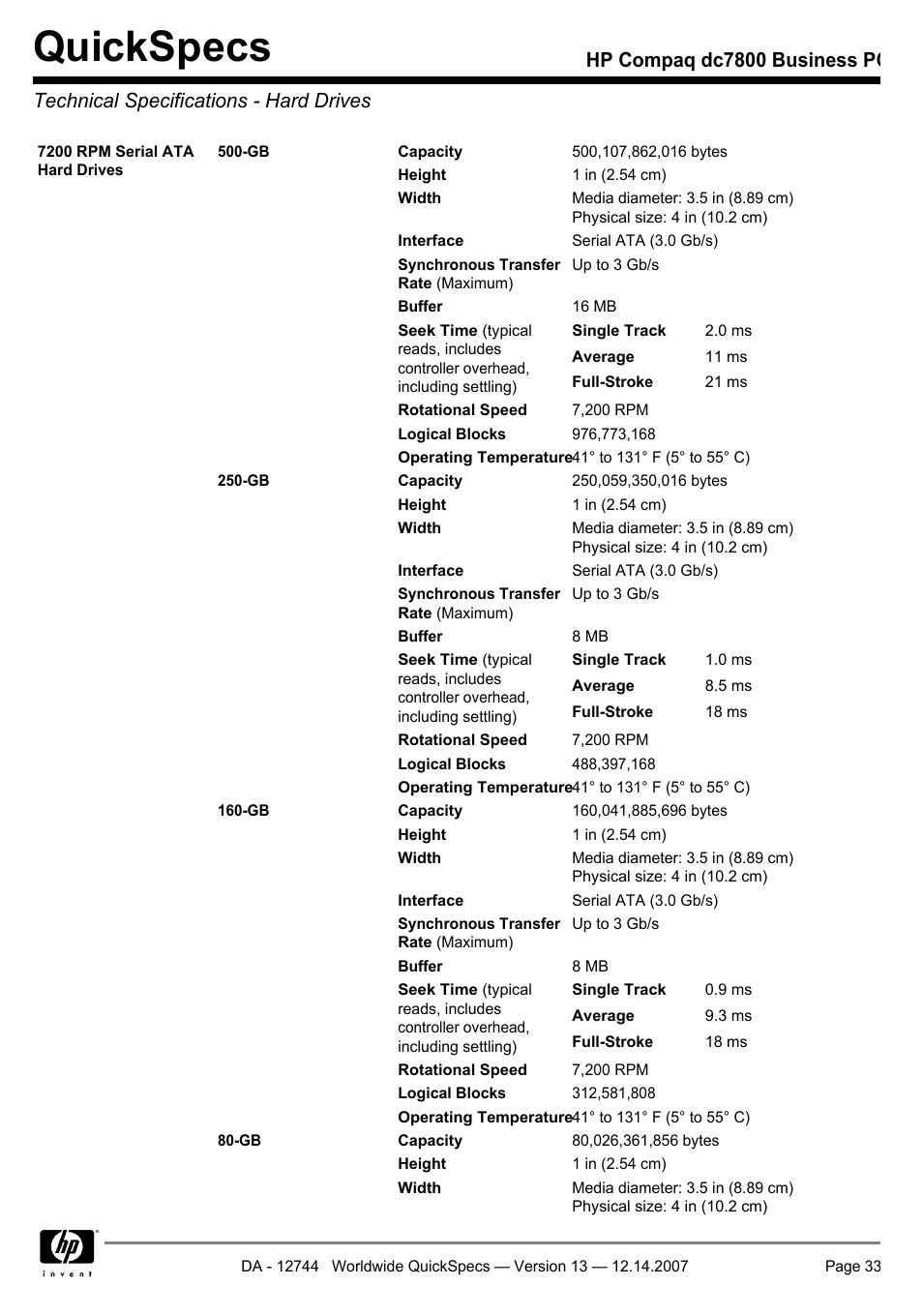 Technical specifications - hard drives, Quickspecs | Compaq dc7800 User Manual | Page 33 / 53
