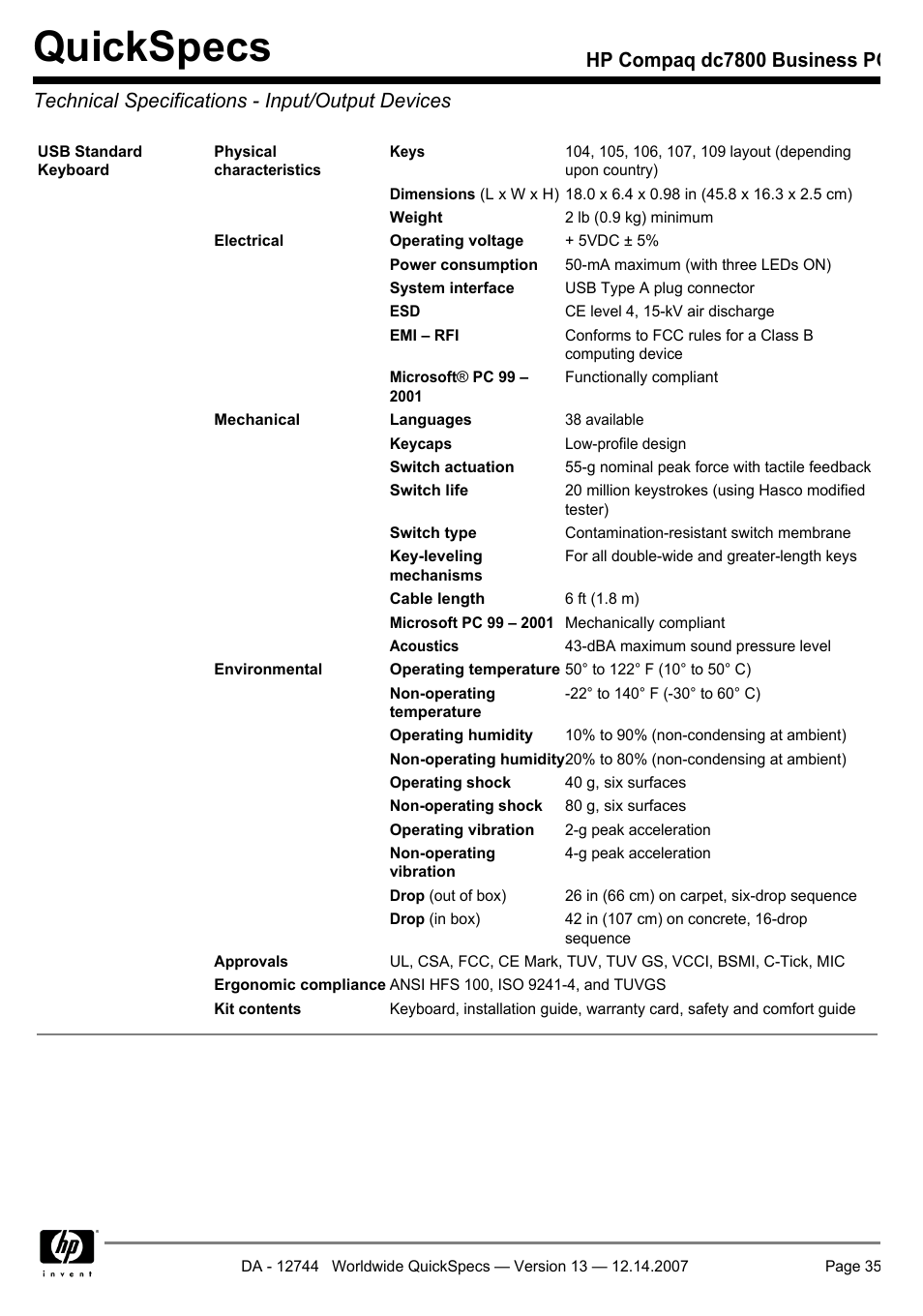 Technical specifications - input/output devices, Quickspecs | Compaq dc7800 User Manual | Page 35 / 53
