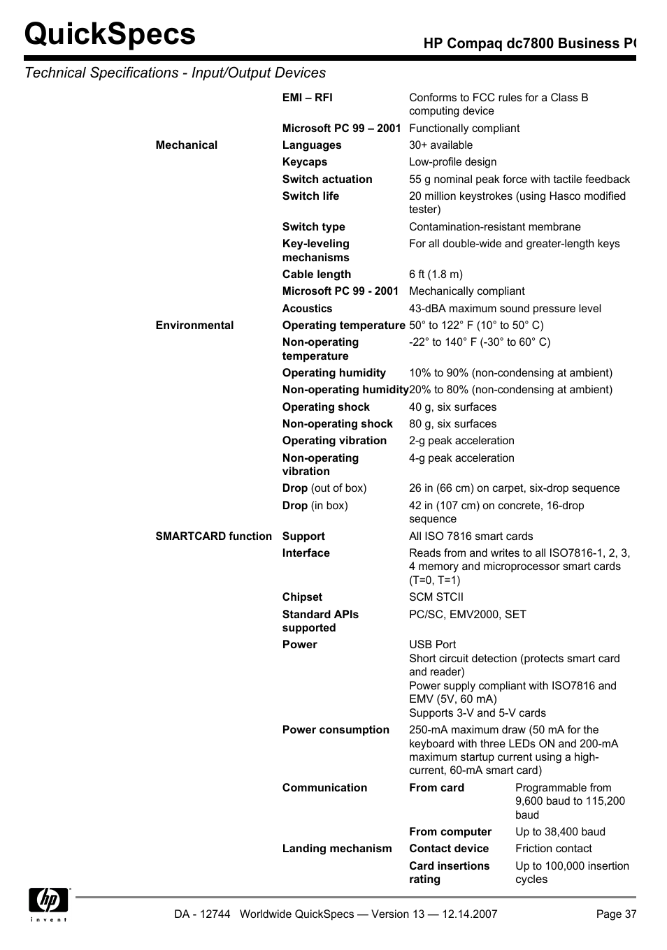 Quickspecs | Compaq dc7800 User Manual | Page 37 / 53