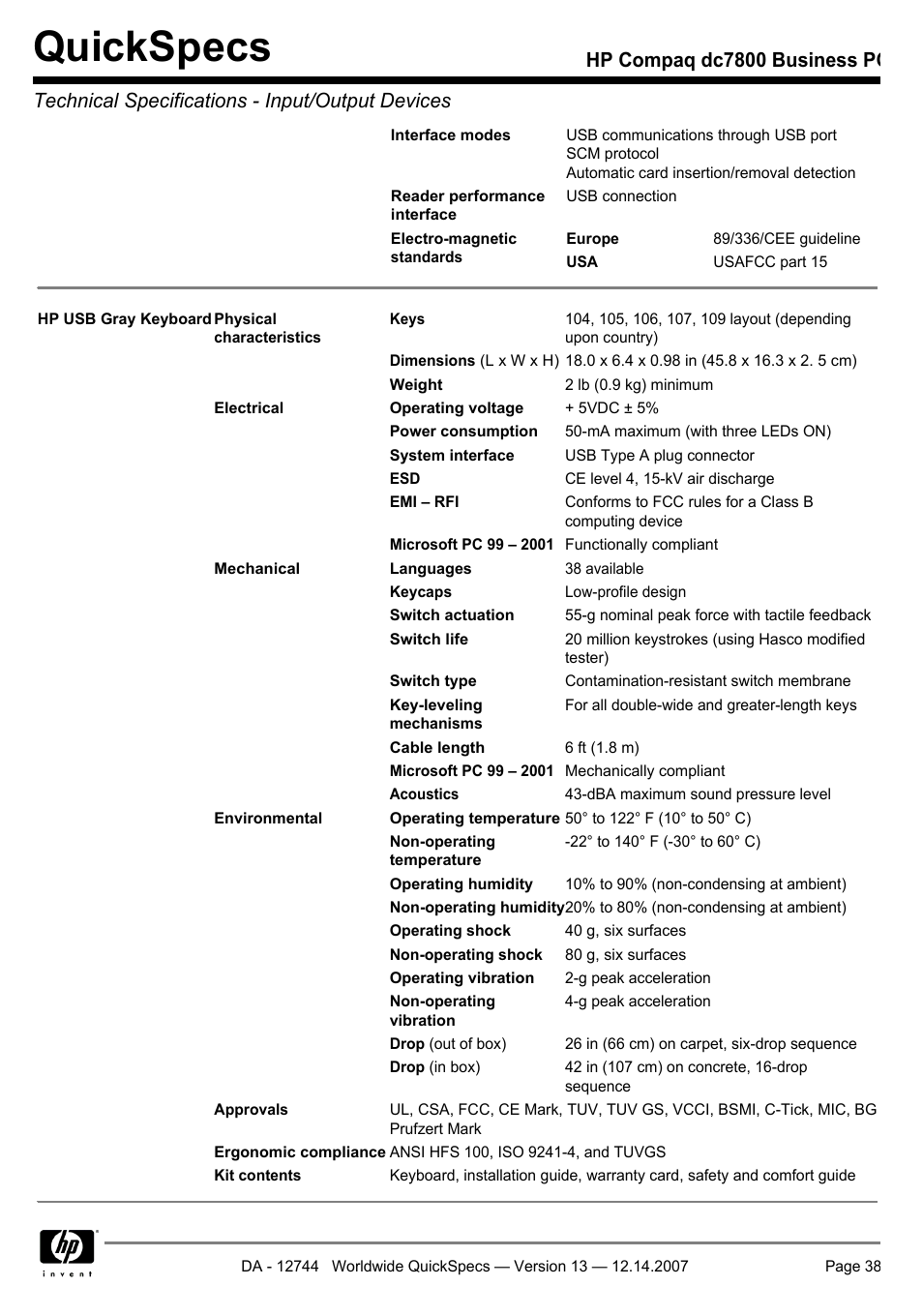 Quickspecs | Compaq dc7800 User Manual | Page 38 / 53