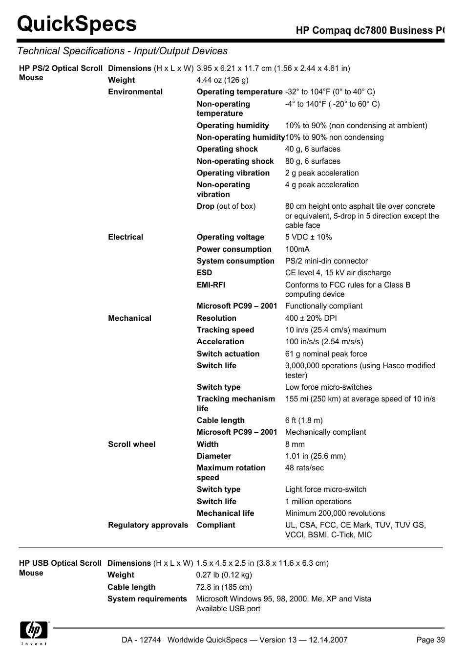 Quickspecs | Compaq dc7800 User Manual | Page 39 / 53