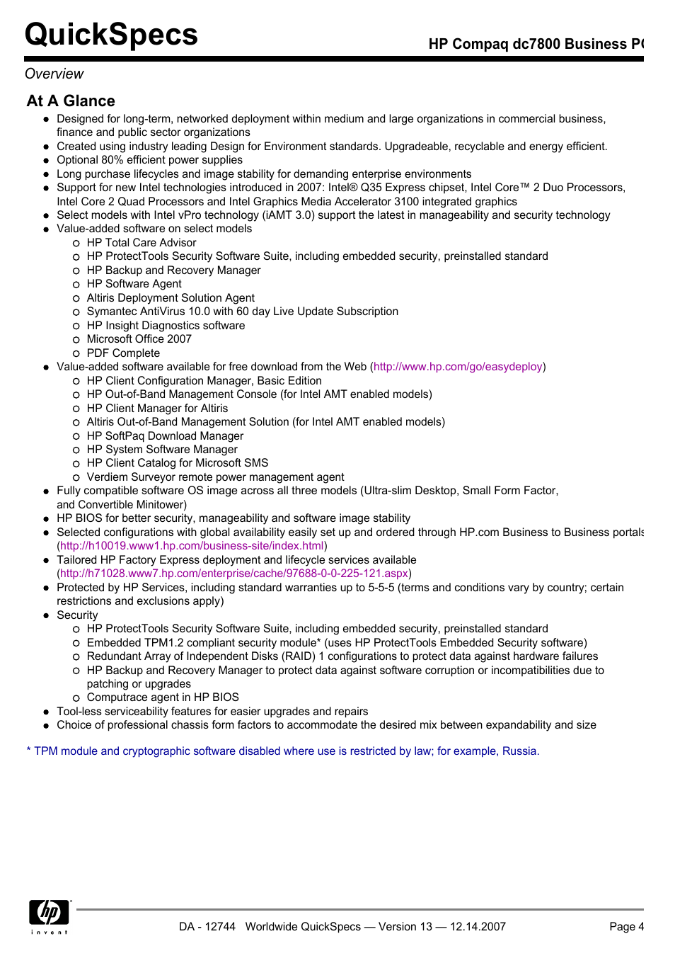Quickspecs, At a glance | Compaq dc7800 User Manual | Page 4 / 53