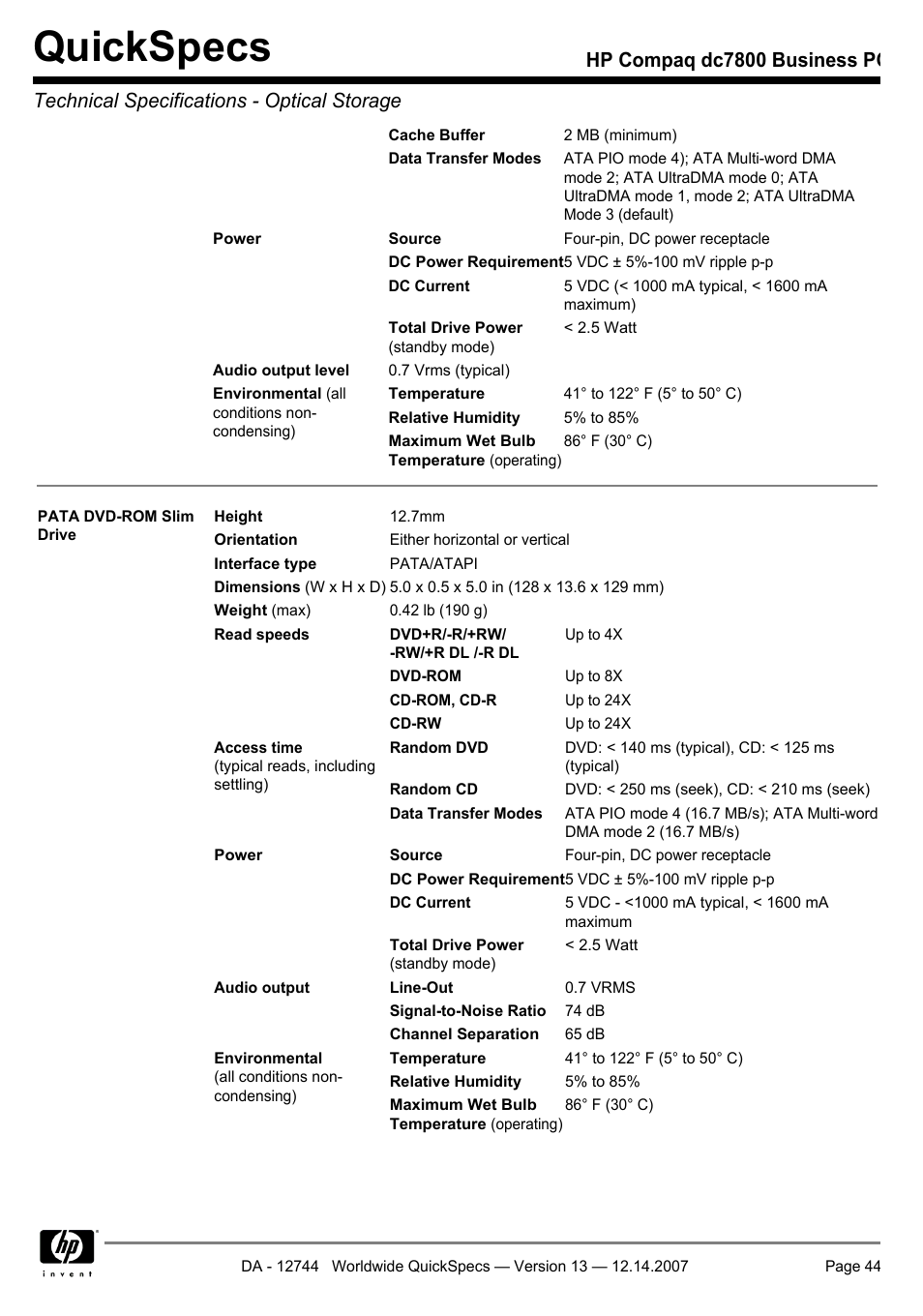 Quickspecs | Compaq dc7800 User Manual | Page 44 / 53