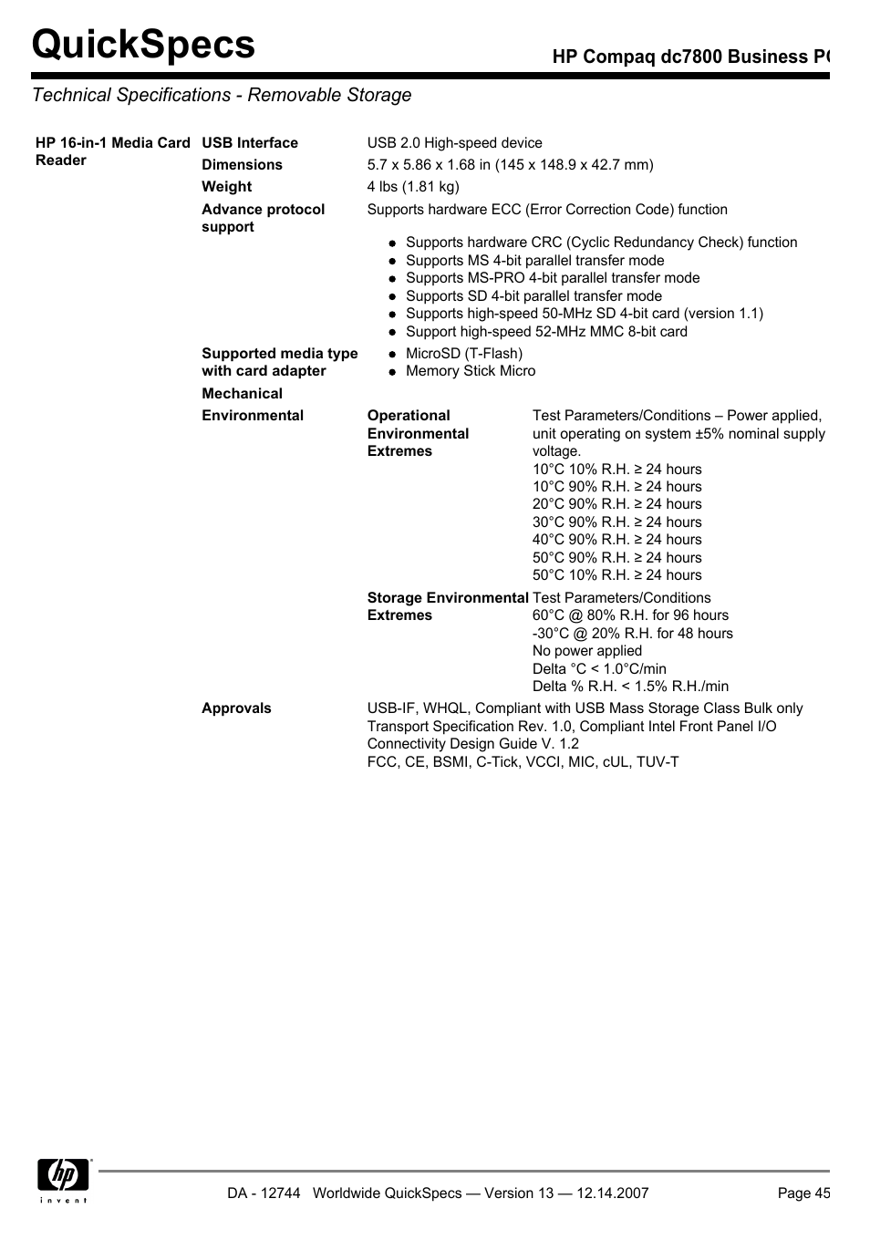 Technical specifications - removable storage, Quickspecs | Compaq dc7800 User Manual | Page 45 / 53