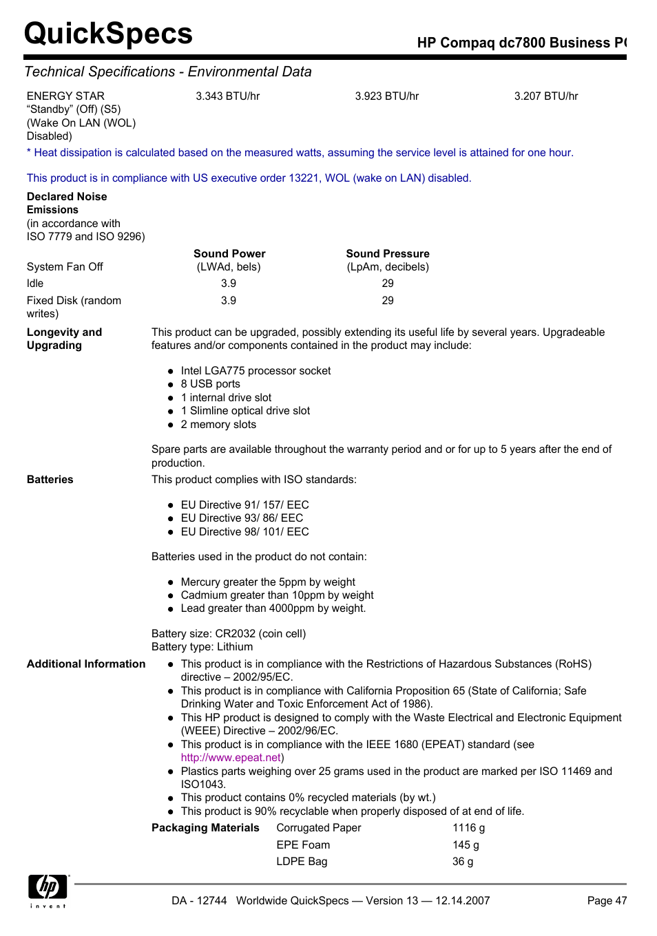 Quickspecs | Compaq dc7800 User Manual | Page 47 / 53