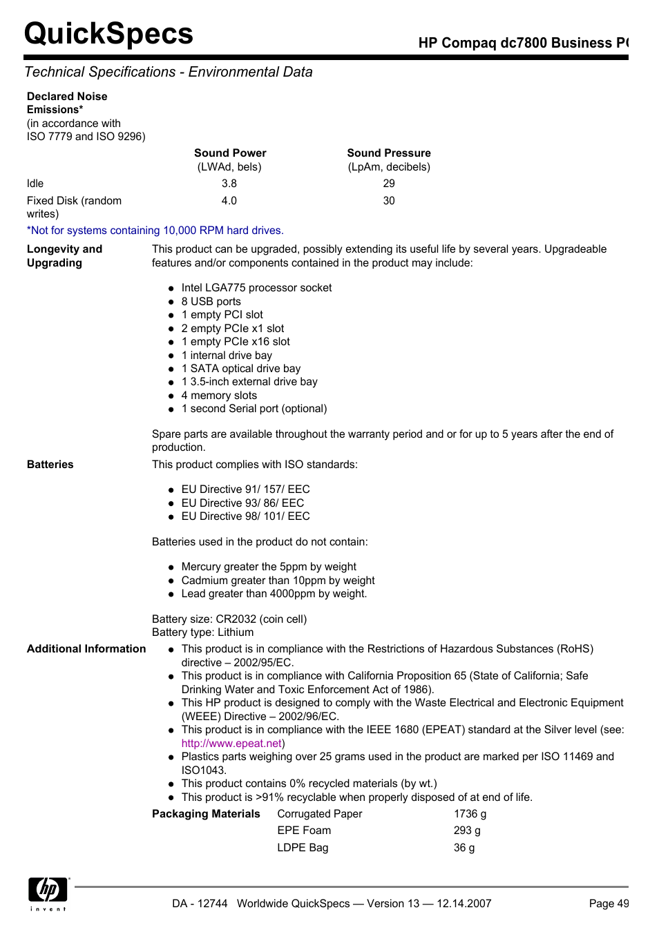 Quickspecs | Compaq dc7800 User Manual | Page 49 / 53