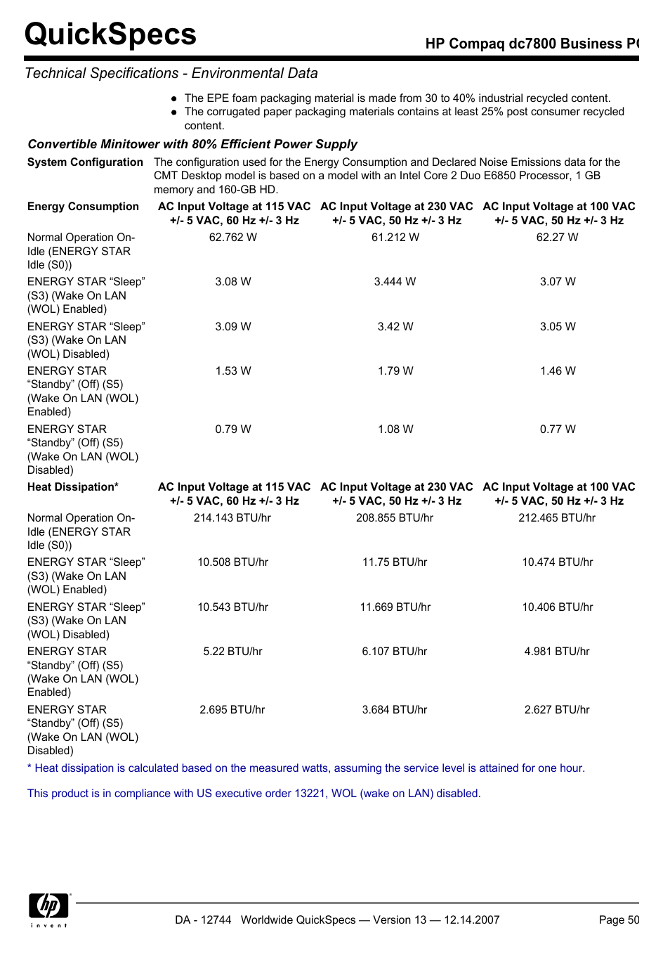 Quickspecs | Compaq dc7800 User Manual | Page 50 / 53