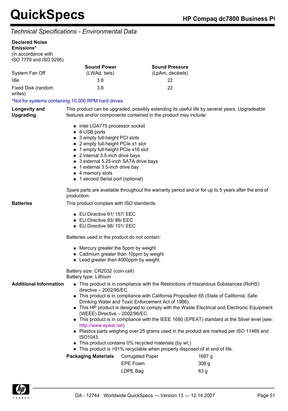 Quickspecs | Compaq dc7800 User Manual | Page 51 / 53