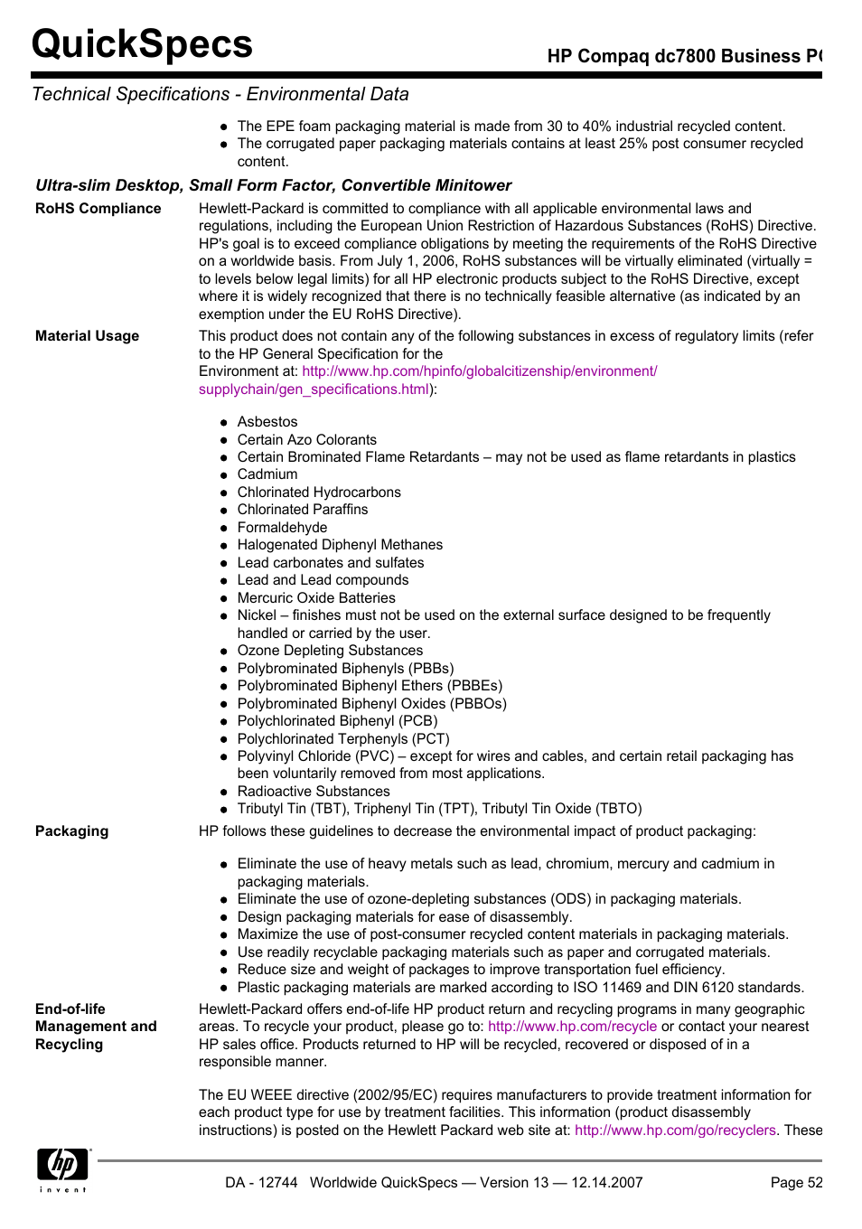 Quickspecs | Compaq dc7800 User Manual | Page 52 / 53