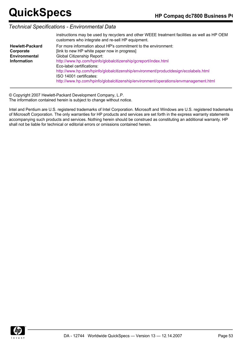 Quickspecs | Compaq dc7800 User Manual | Page 53 / 53