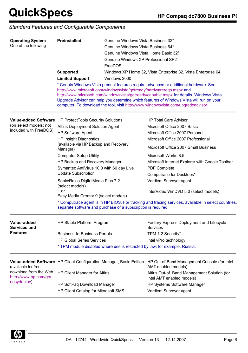 Standard features and configurable components, Quickspecs | Compaq dc7800 User Manual | Page 6 / 53