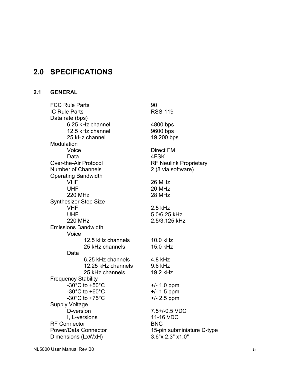 0 specifications | RF Neulink NL5000 Rev B0 User Manual | Page 6 / 25