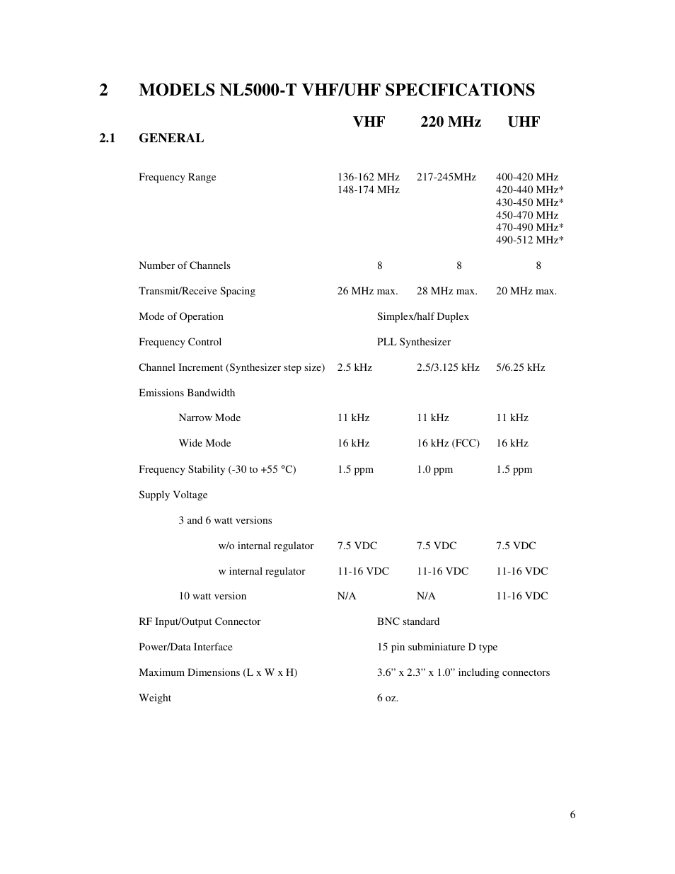 Vhf 220 mhz uhf | RF Neulink NL5000-T User Manual | Page 6 / 21