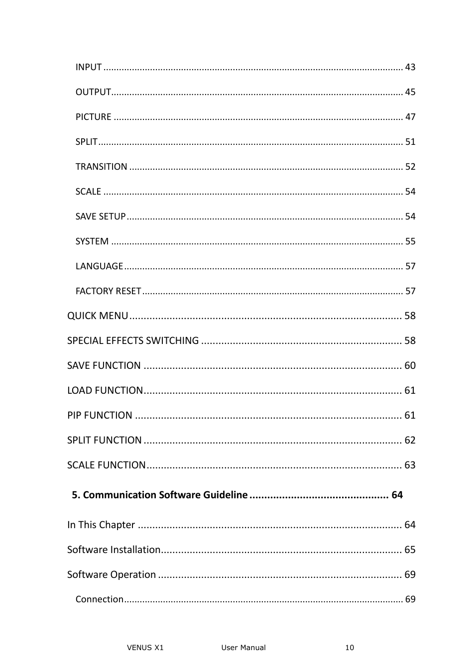 Quick menu, Special effects switching, Save function | Load function, Pip function, Split function, Scale function, Communication software guideline, Software installation, Software operation | RGBLink VENUS X1 User Manual User Manual | Page 10 / 135