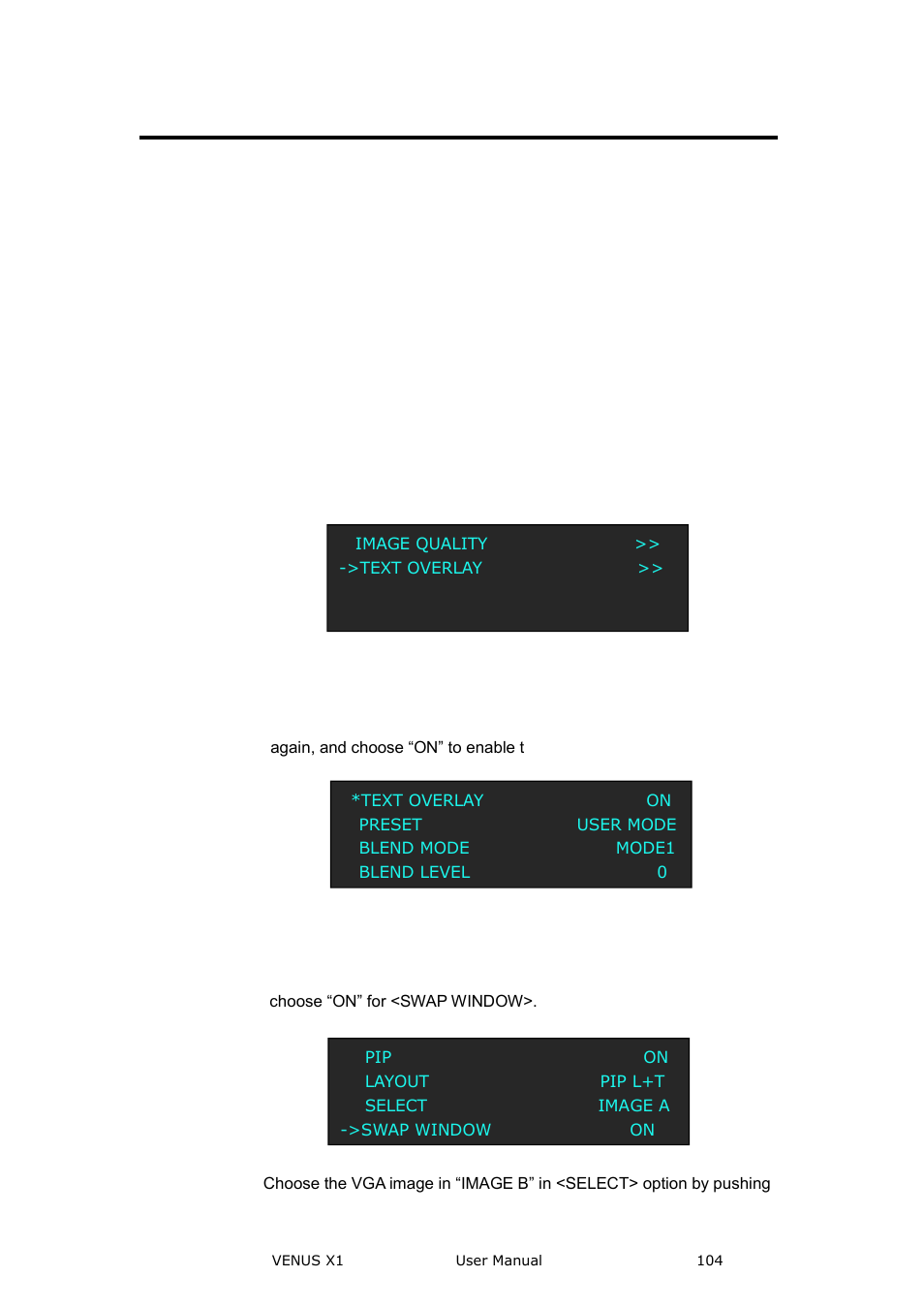 How to realize the text overlay setting, System setup and operation | RGBLink VENUS X1 User Manual User Manual | Page 104 / 135
