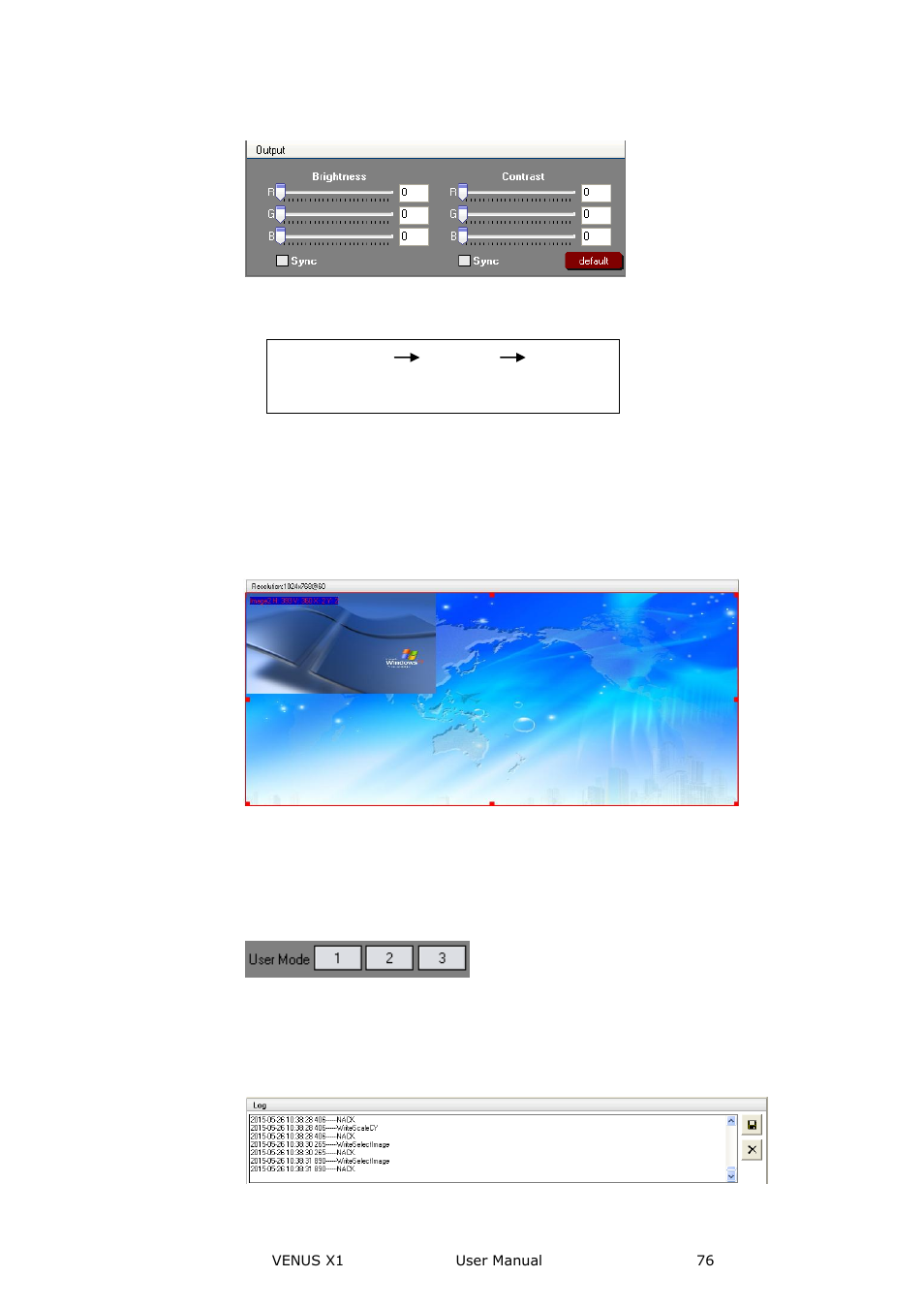 Images display toolbar, User mode toolbar, Log toolbar | Communication software guideline | RGBLink VENUS X1 User Manual User Manual | Page 76 / 135
