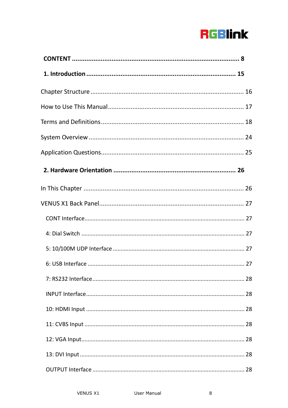 Content | RGBLink VENUS X1 User Manual User Manual | Page 8 / 135