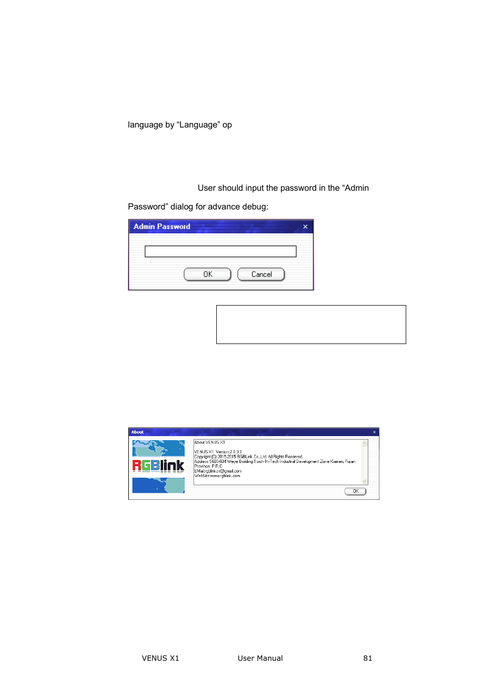 Language, Admin, Help | Communication software guideline | RGBLink VENUS X1 User Manual User Manual | Page 81 / 135