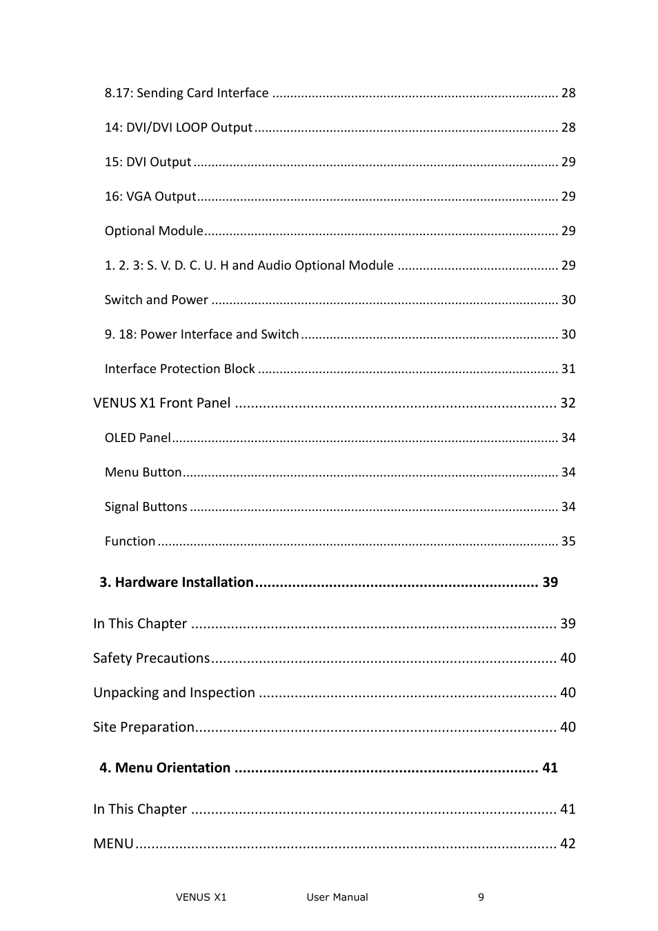 Venus x1 front panel, Hardware installation, Safety precautions | Unpacking and inspection, Site preparation, Menu orientation, Menu | RGBLink VENUS X1 User Manual User Manual | Page 9 / 135