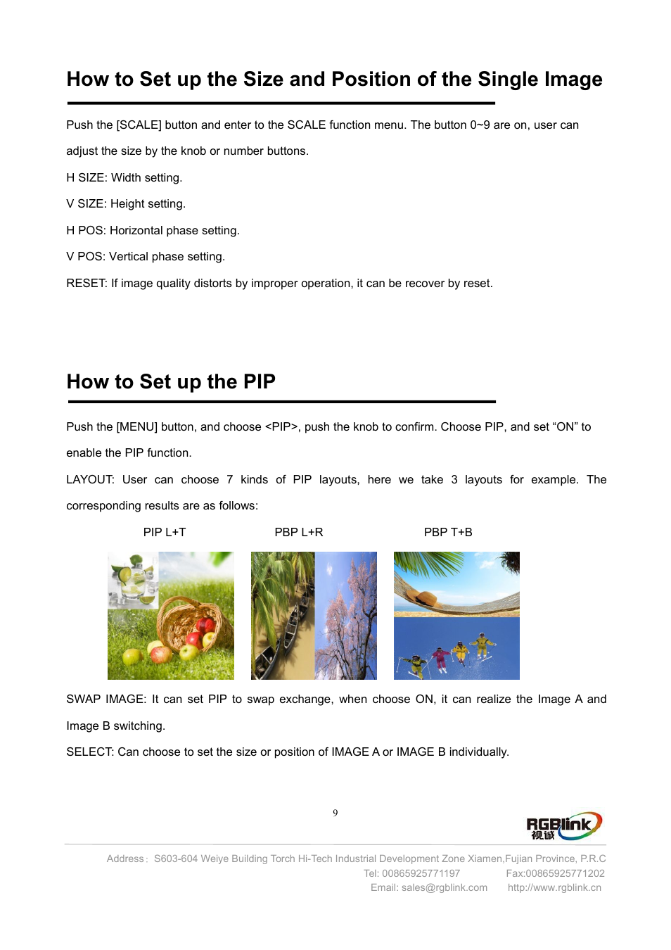 How to set up the size and, How to set up the pip | RGBLink VSP 112U User Manual | Page 10 / 15