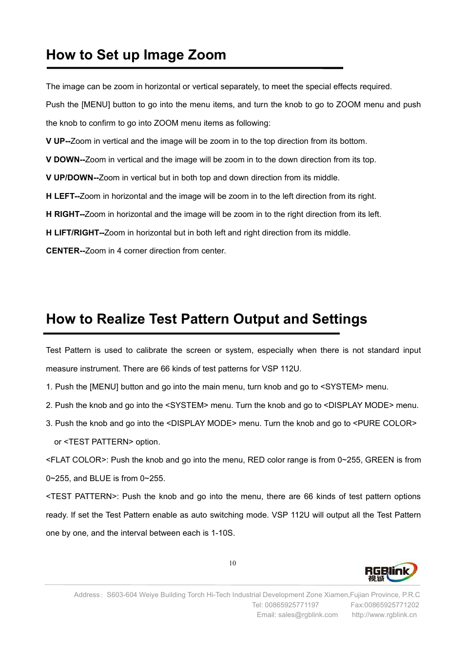 How to set up image zoom, How to realize test pattern, How to realize test pattern output and settings | RGBLink VSP 112U User Manual | Page 11 / 15