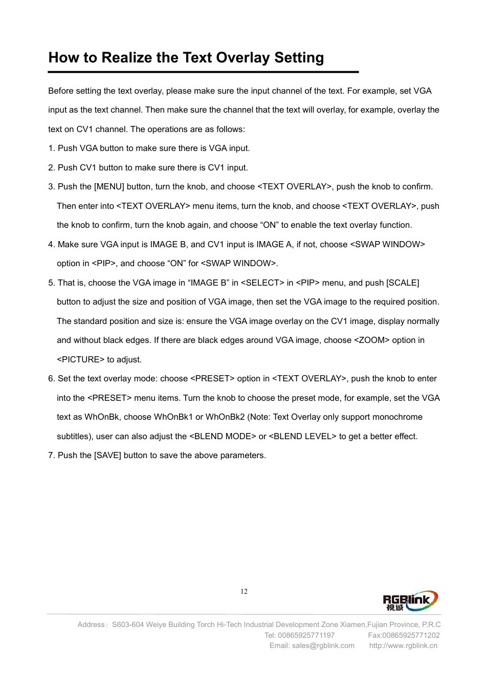 How to realize the text o, How to realize the text overlay setting | RGBLink VSP 112U User Manual | Page 13 / 15