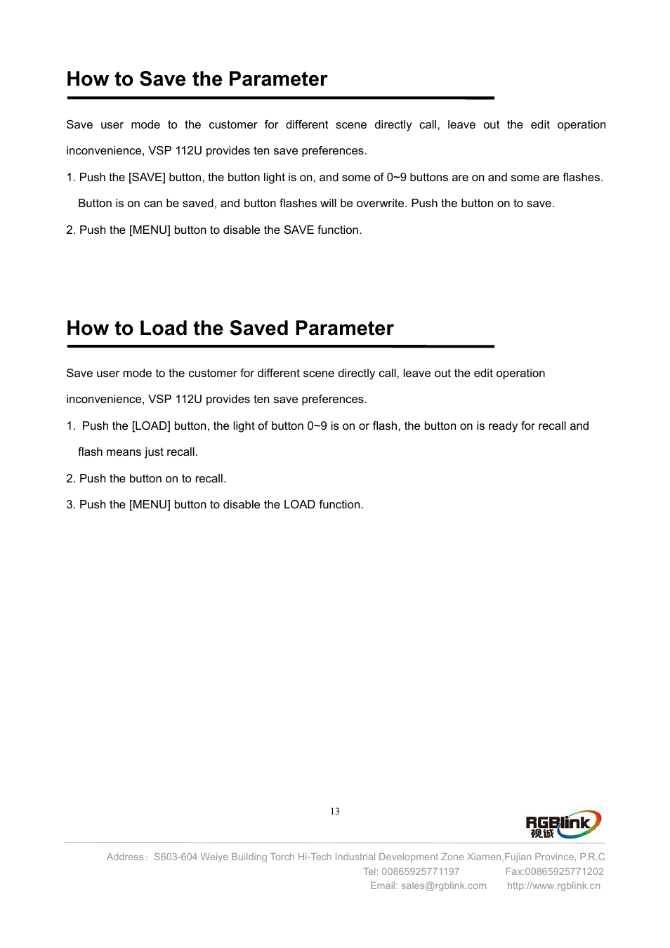 How to save the parameter, How to load the saved para, How to load the saved parameter | RGBLink VSP 112U User Manual | Page 14 / 15