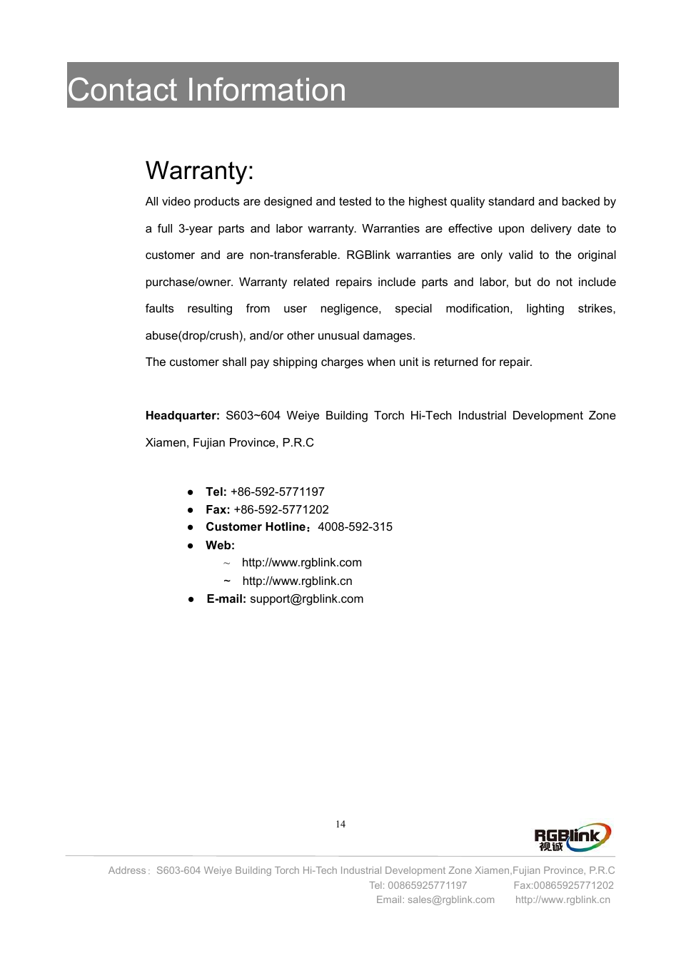 Contact information, Warranty | RGBLink VSP 112U User Manual | Page 15 / 15