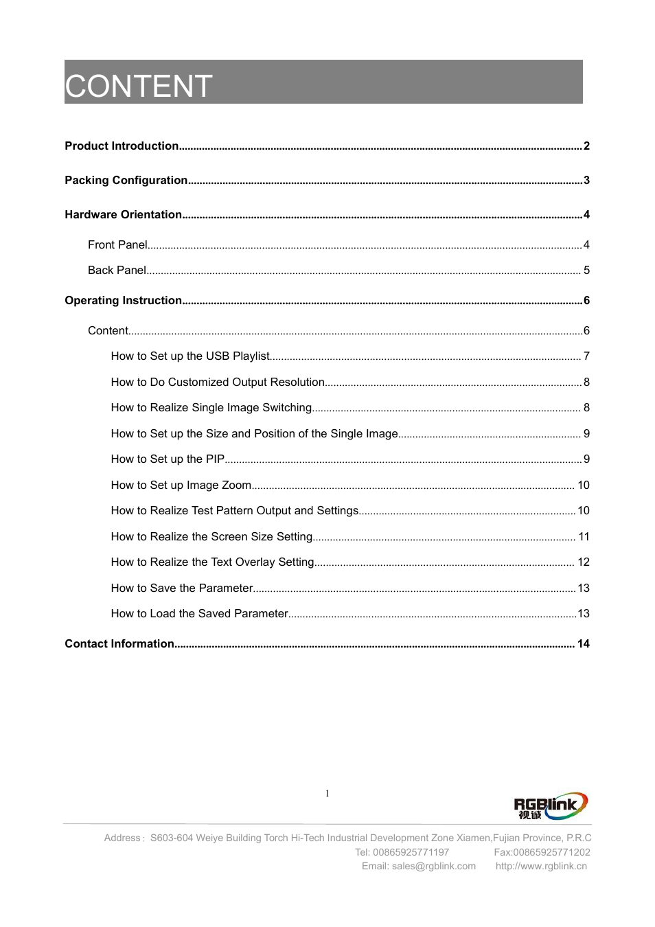 Content | RGBLink VSP 112U User Manual | Page 2 / 15