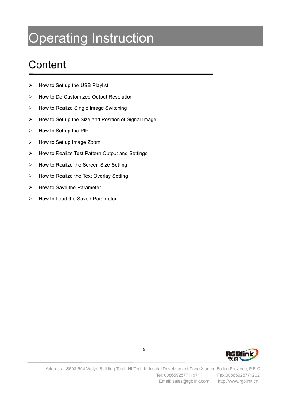 Operating instruction, Content | RGBLink VSP 112U User Manual | Page 7 / 15