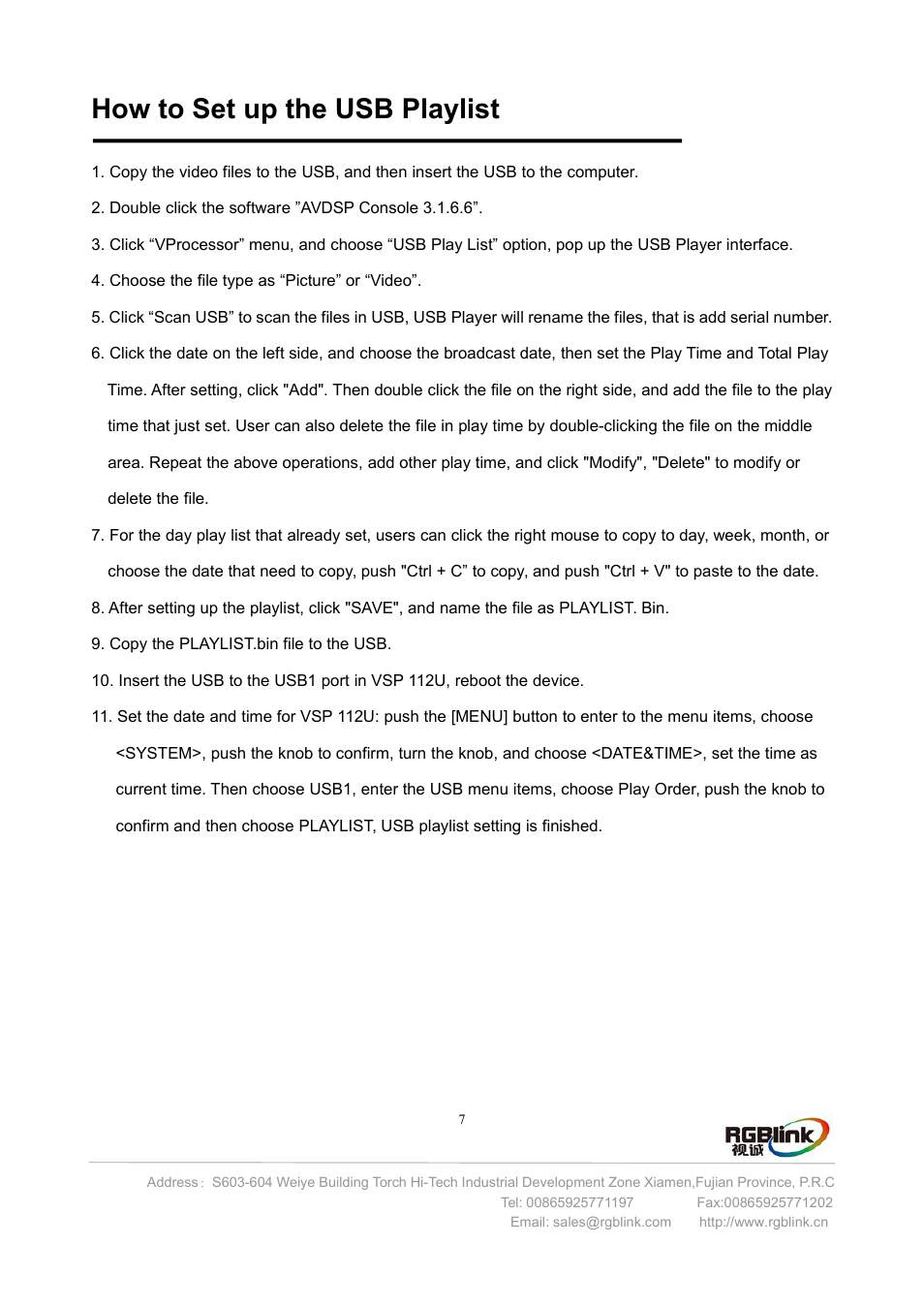 How to set up the usb pla, How to set up the usb playlist | RGBLink VSP 112U User Manual | Page 8 / 15