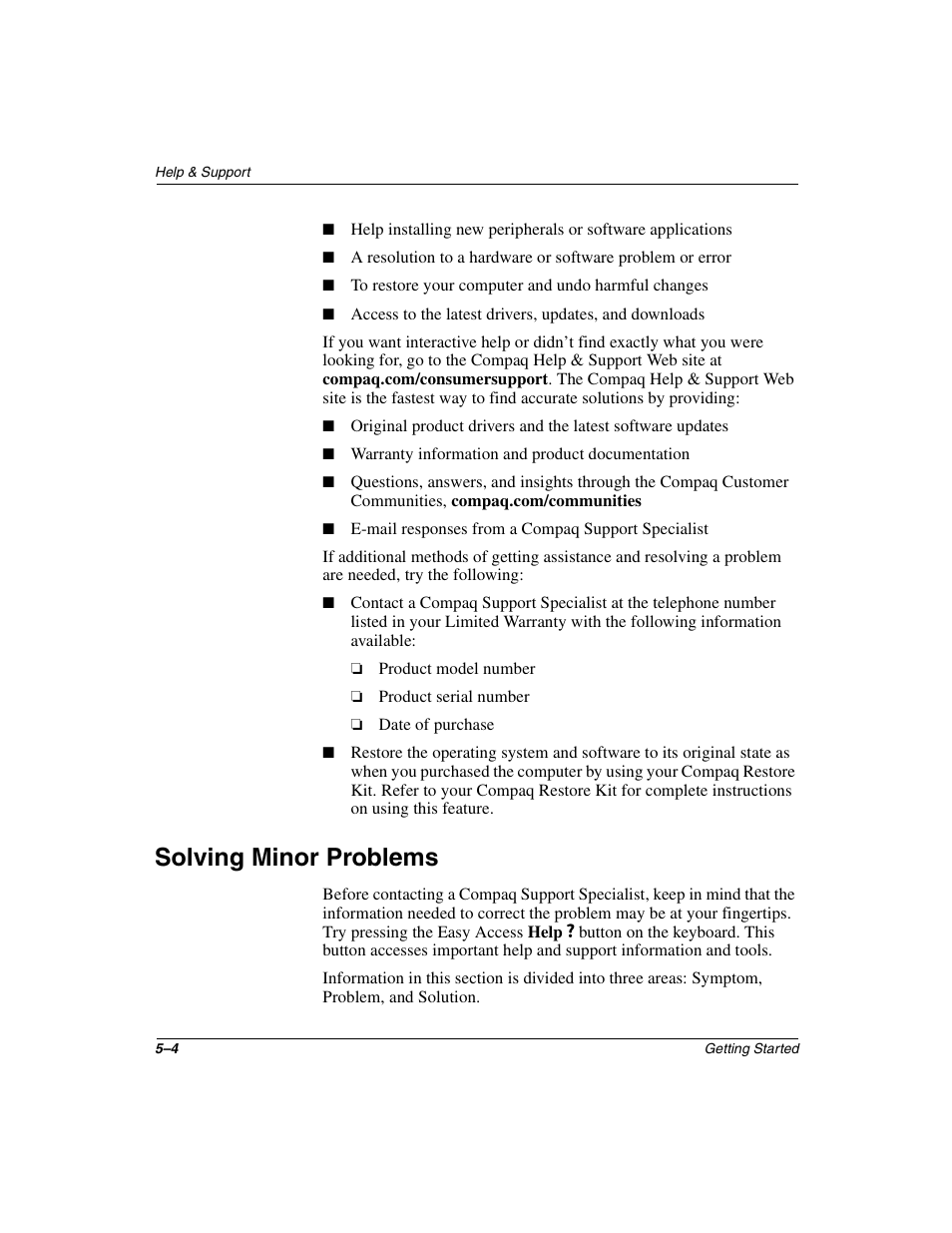 Solving minor problems | Compaq 4000 User Manual | Page 48 / 70