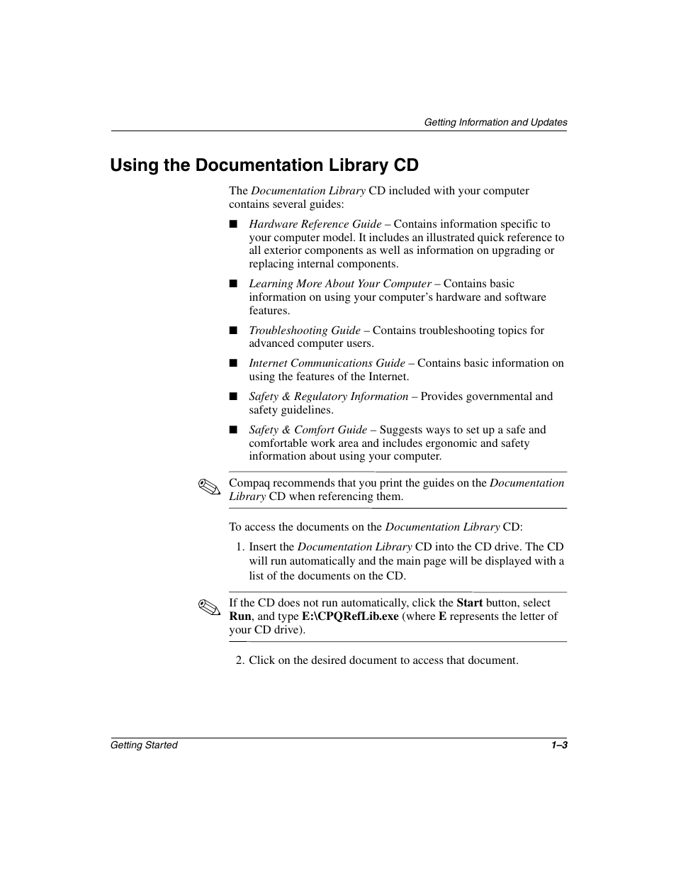 Using the documentation library cd | Compaq 4000 User Manual | Page 7 / 70