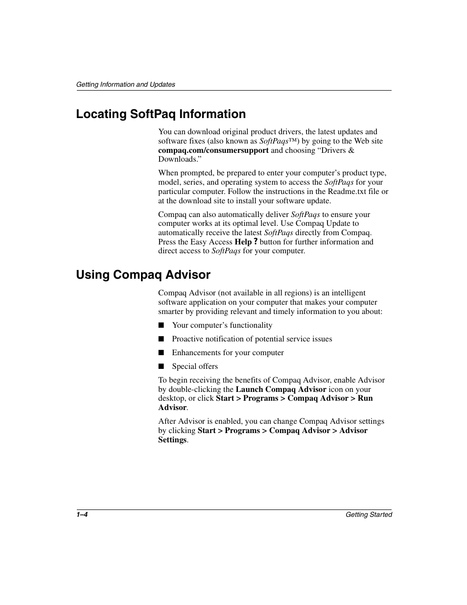 Locating softpaq information, Using compaq advisor | Compaq 4000 User Manual | Page 8 / 70