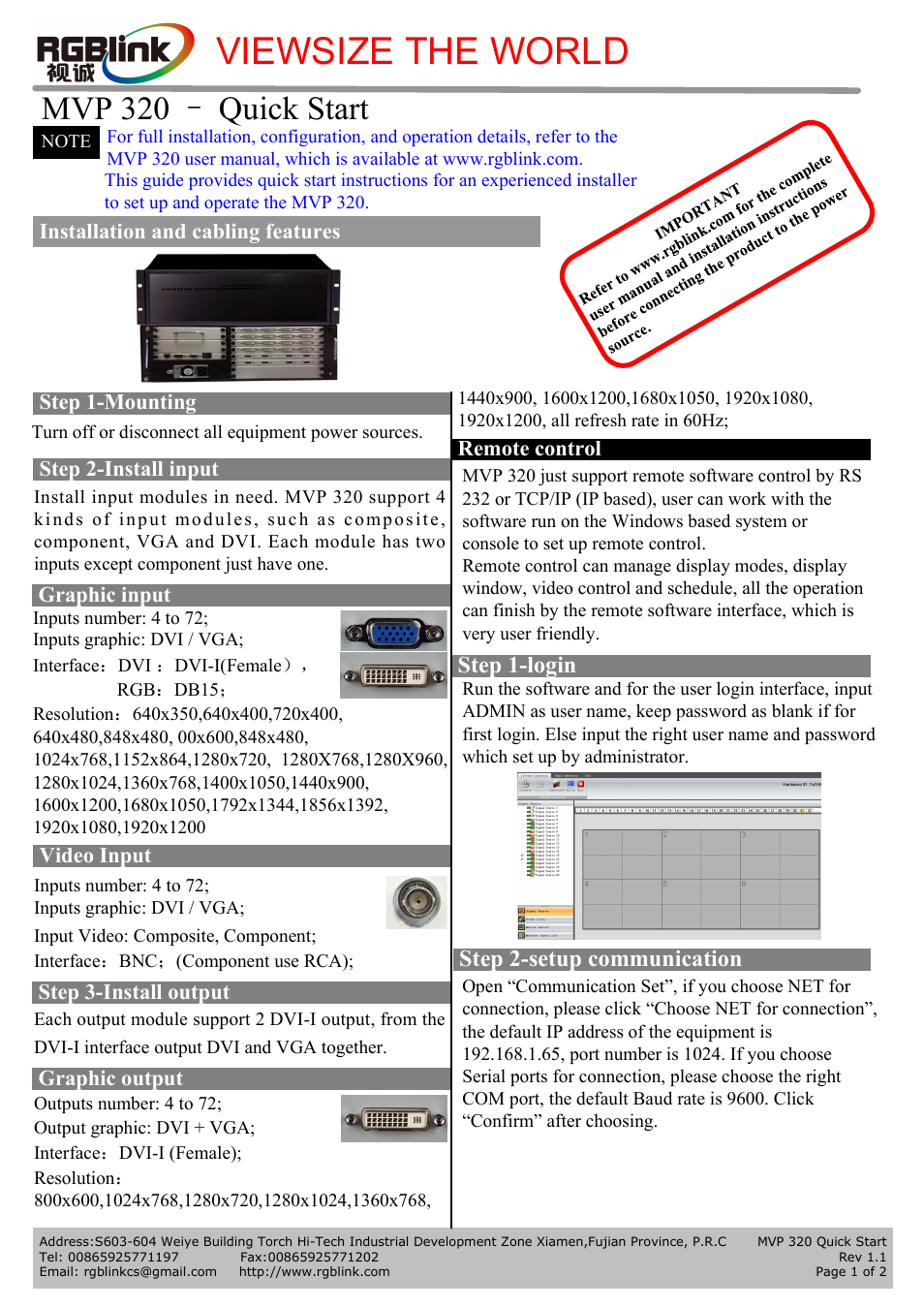 RGBLink MVP 320 Quick Start User Manual | 2 pages