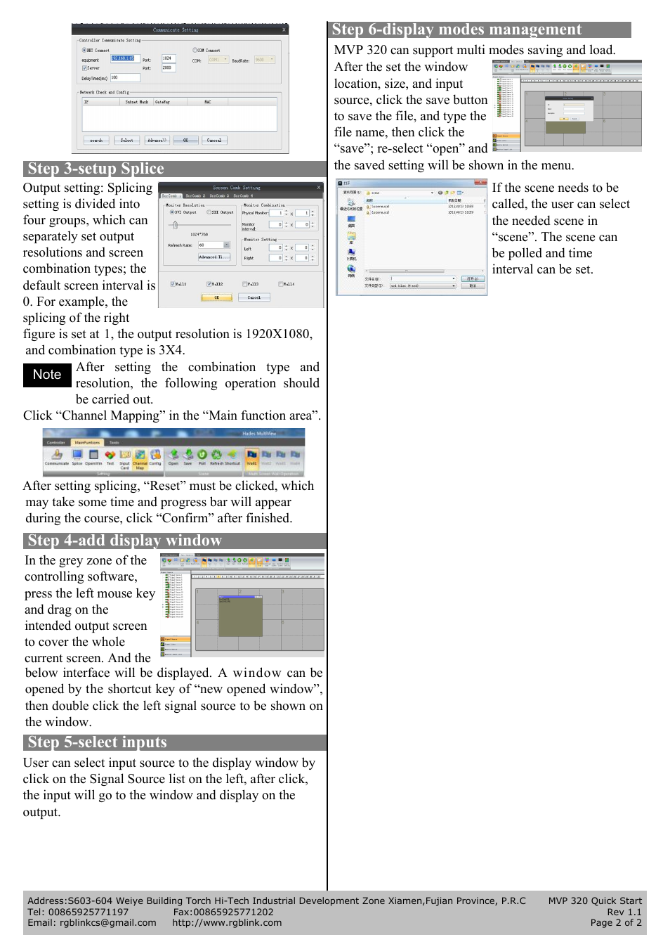 Step 3-setup splice, Step 4-add display window, Step 5-select inputs | Step 6-display modes management | RGBLink MVP 320 Quick Start User Manual | Page 2 / 2