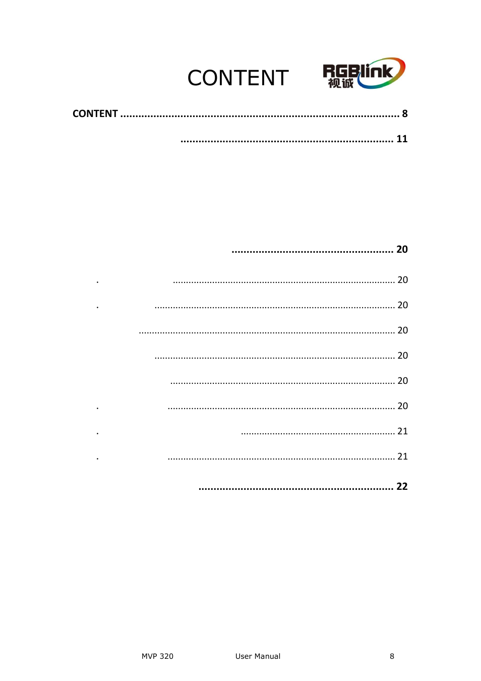 Content | RGBLink MVP 320 User Manual User Manual | Page 8 / 60