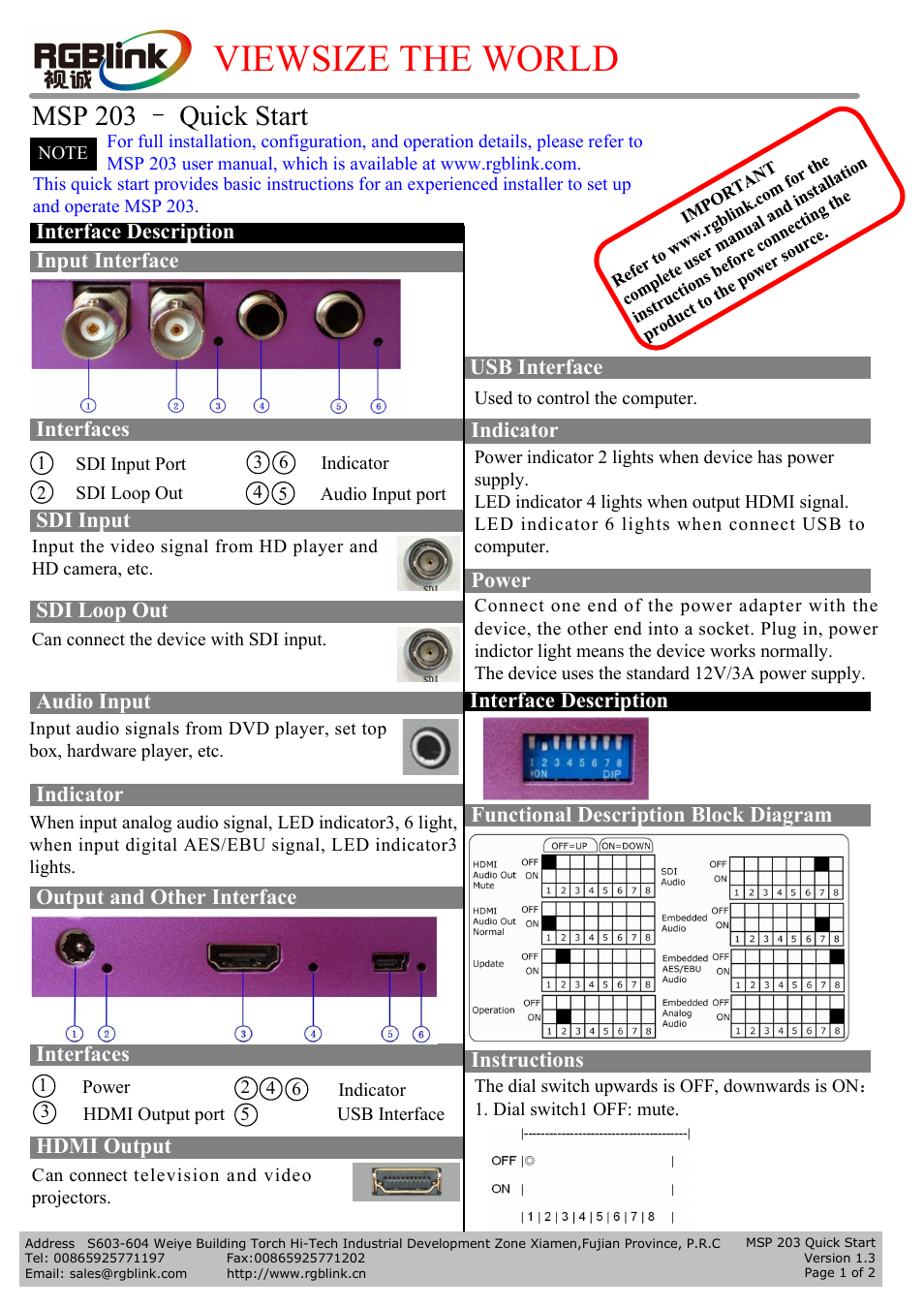 RGBLink MSP 203 Quick Start User Manual | 2 pages