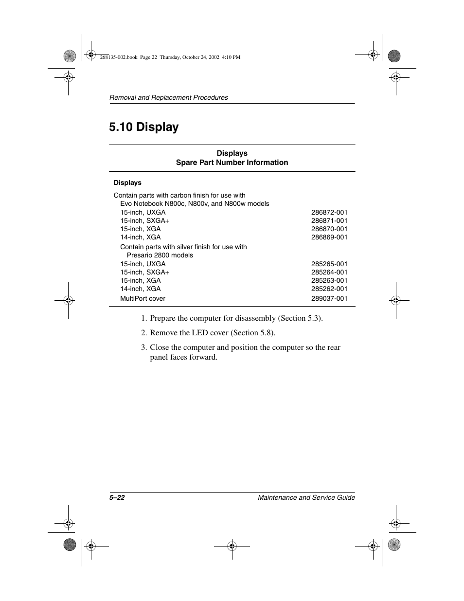 10 display, 10 display –22 | Compaq 2800 User Manual | Page 100 / 181