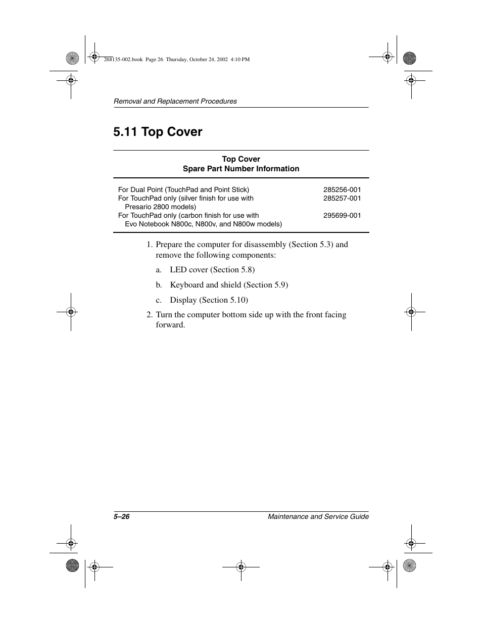 11 top cover, 11 top cover –26 | Compaq 2800 User Manual | Page 104 / 181