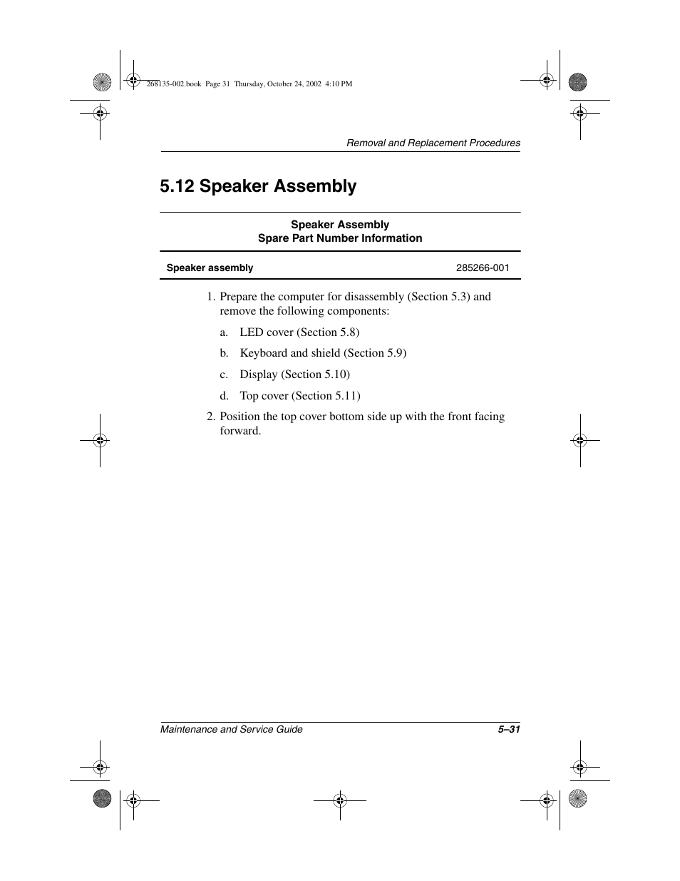 12 speaker assembly, 12 speaker assembly –31 | Compaq 2800 User Manual | Page 109 / 181