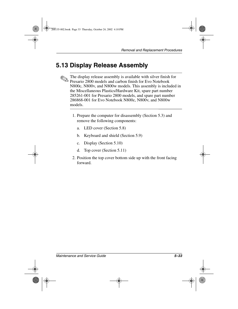 13 display release assembly, 13 display release assembly –33 | Compaq 2800 User Manual | Page 111 / 181